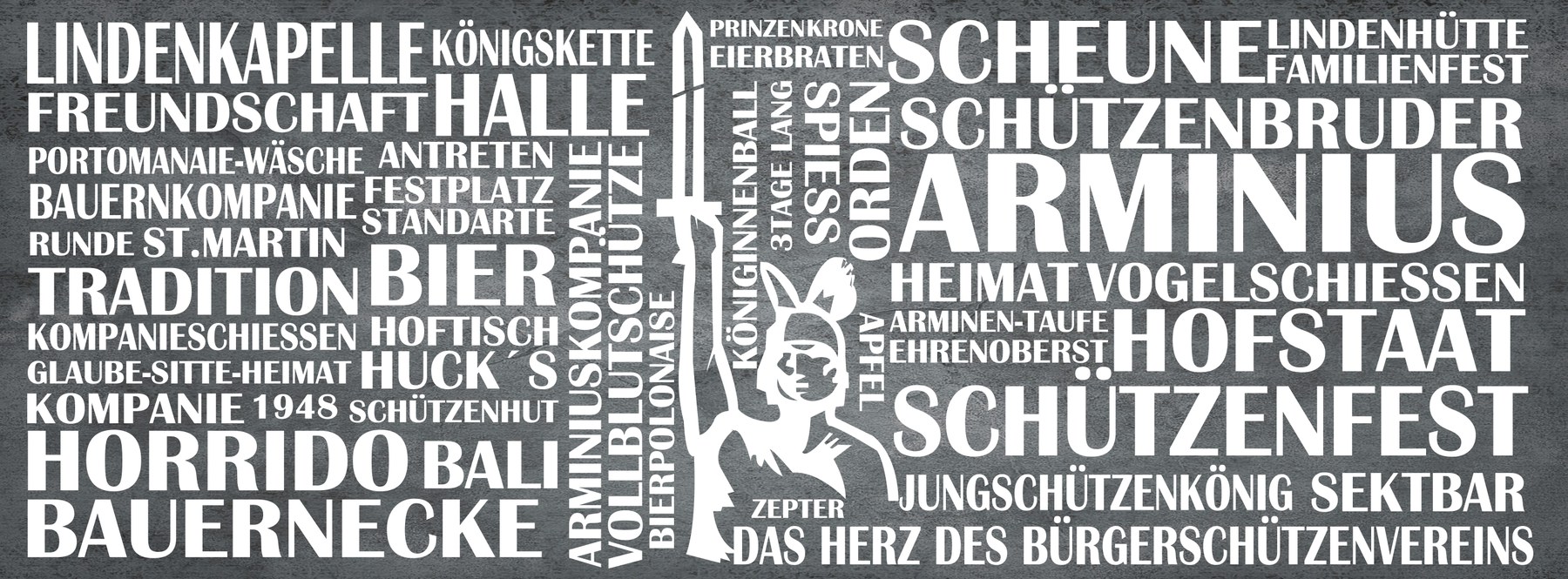 Wortwolke mit Begriffen der Arminius-Kompanie: Tradition, Arminius, Schützenfest, Bauernkompanie und mehr